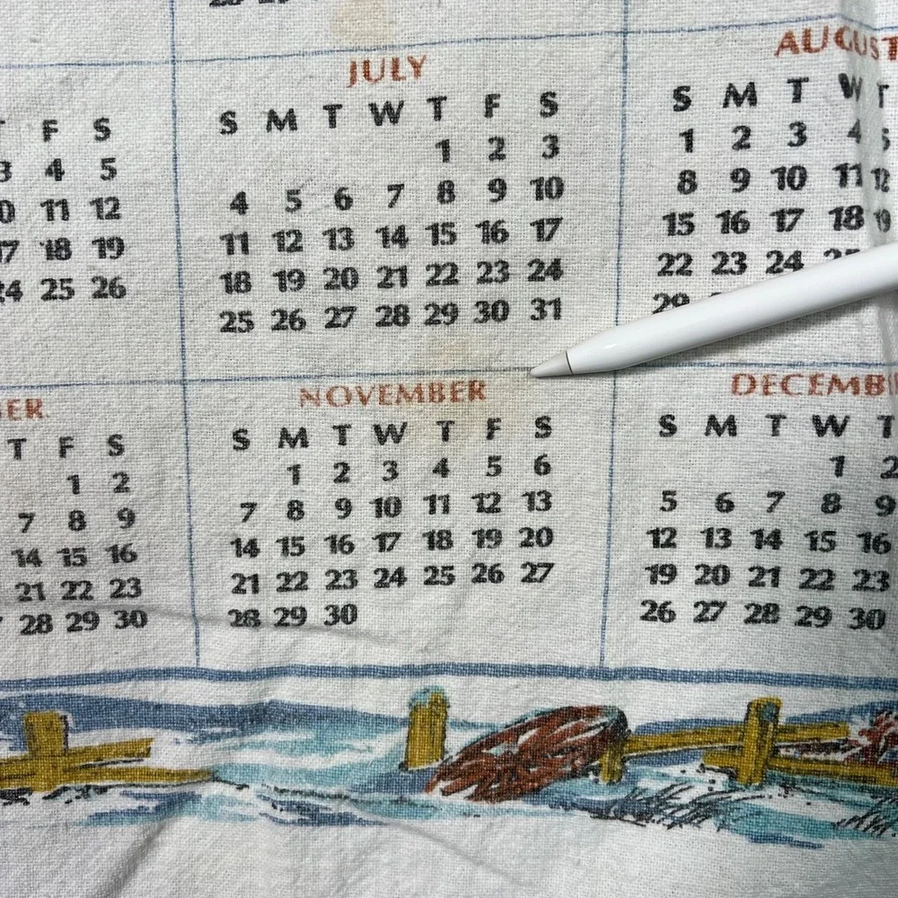 VTG 1971 Calendar Towel Currier & Ives 'Old Mill in Winter' Anniversary Birthday
